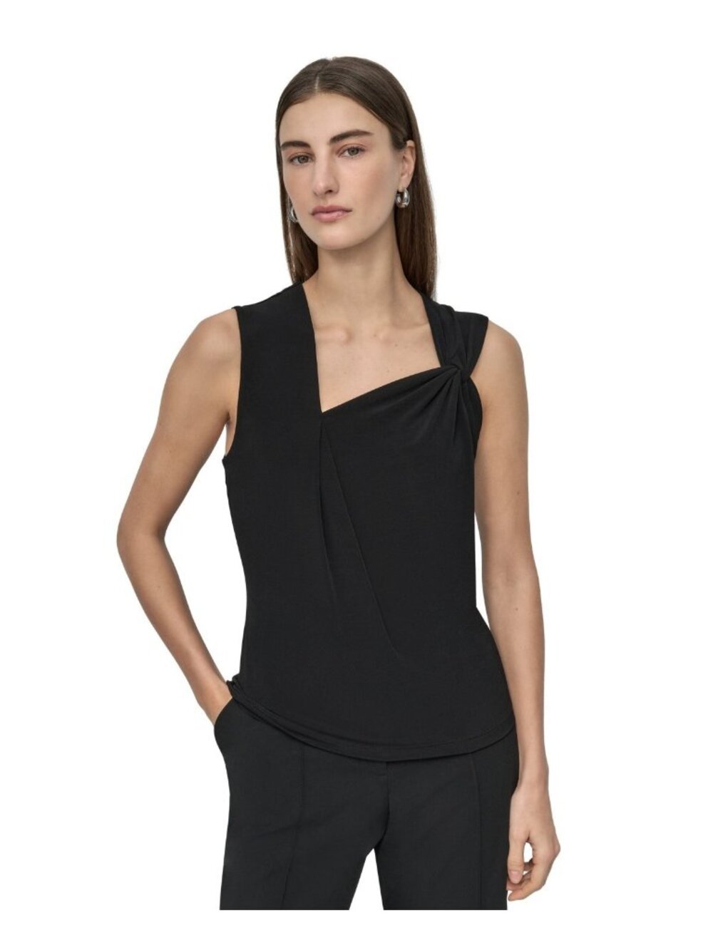 DKNY Asymmetric Strap drape Sleeveless polyester Top Black Petite Size PXL $59 - Picture 1 of 6